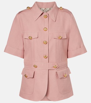 Pink linen shirt with gold buttons and floral lining
