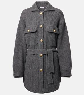 Dark grey knit jacket with gold buttons and a tie belt.