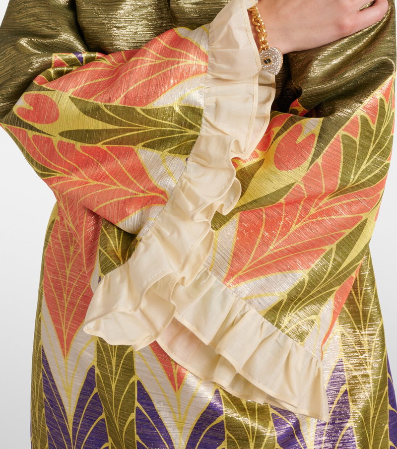 Valentino silk robe with ruffled detailing and leaf print.