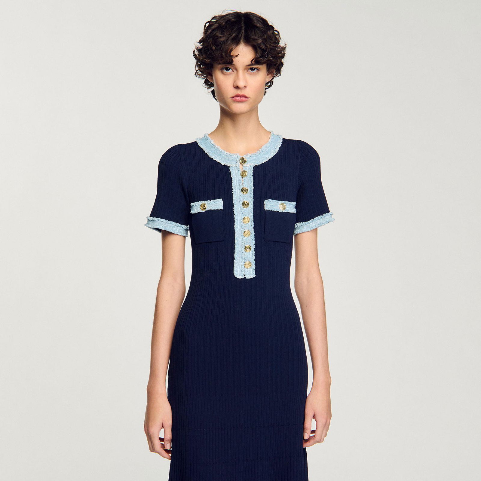 SANDRO Knit And Denim Midi Dress