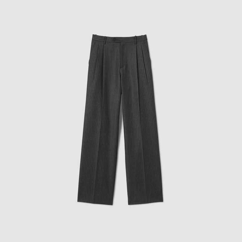 Gray pinstripe trousers, pleated detail
