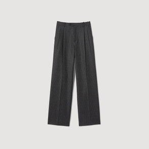 Gray pinstripe trousers, pleated detail