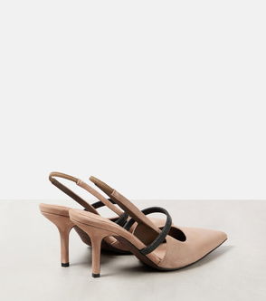 Taupe suede heeled sandal with rhinestone detail.