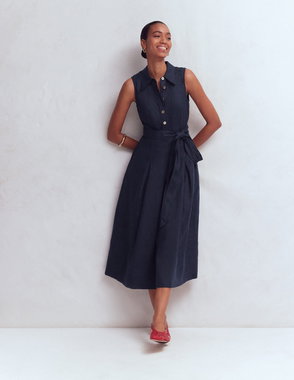knee length dresses for ladies Boden Women's Mollie Linen Shirt Dress in Blue main image 0