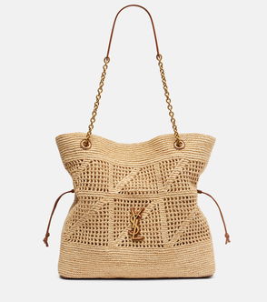Straw tote bag with gold chain handle and Saint Laurent logo