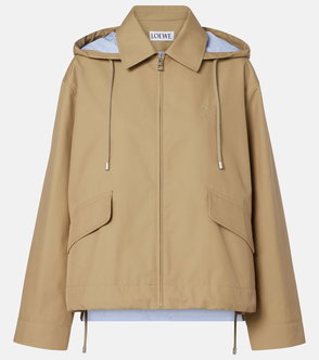 Tan hooded jacket with blue stripe detail