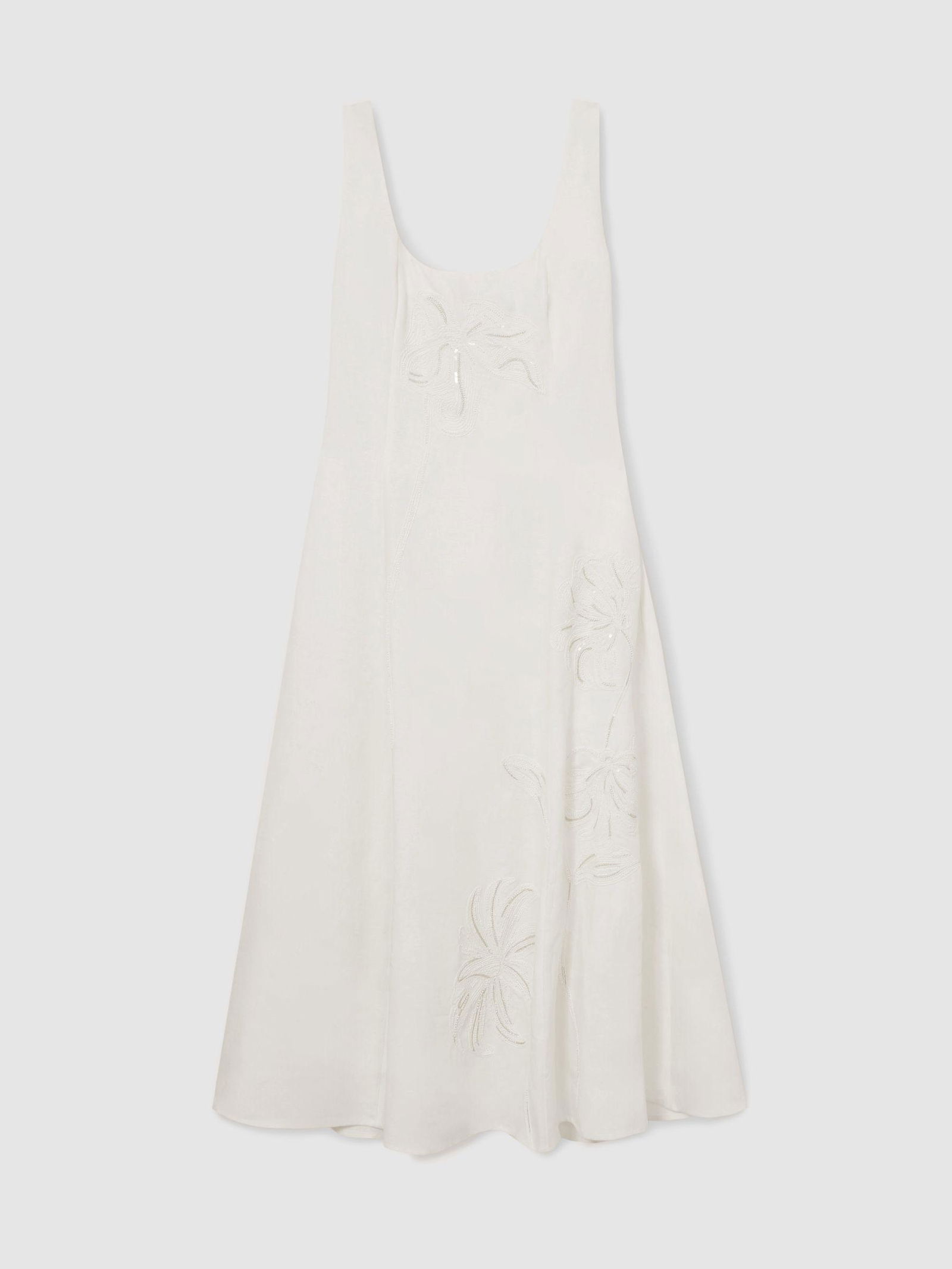 REISS Elise Linen Floral-Embroidered Midi Dress in Ivory | endource