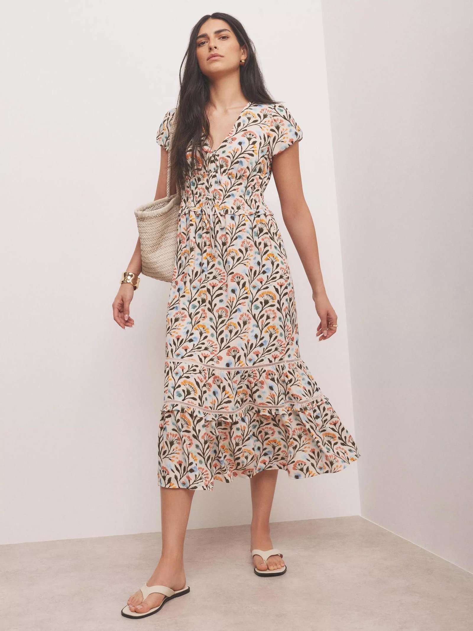 velvet v neck floral cut out knotted midi dress Velvet V Neck Floral Cut Out Knotted Midi Dress