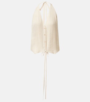 Cream ribbed halter vest with tie detail