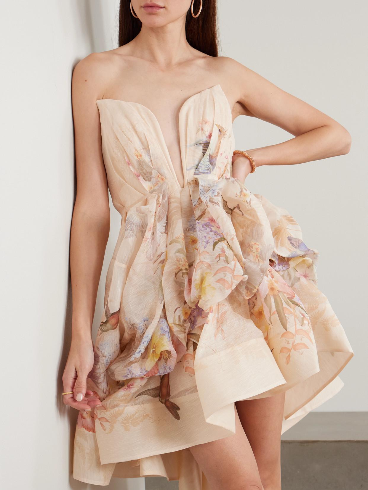 ZIMMERMANN Illuminate Draped Floral-Print Linen And Silk-Blend Mini Dress |  endource
