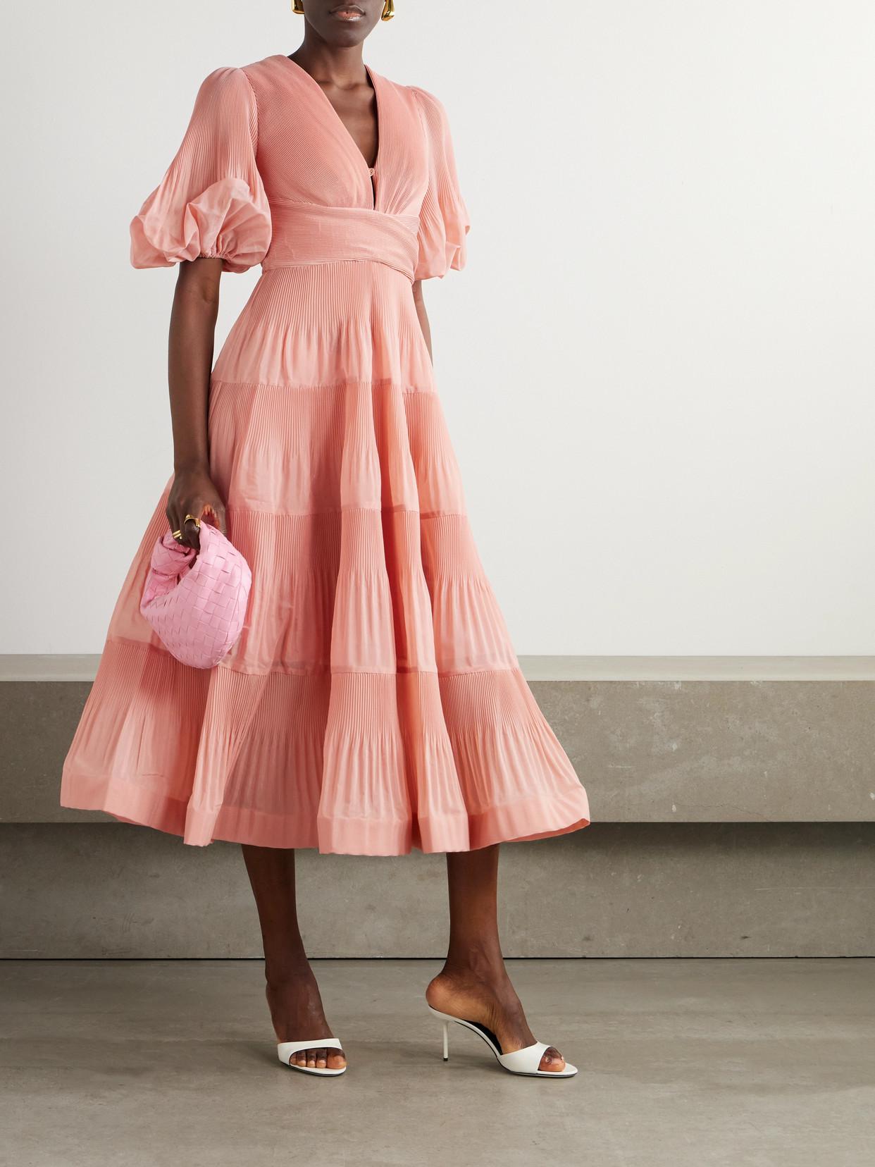 zimmermann tiered plissé-taffeta midi dress ZIMMERMANN Tiered Plissé-Taffeta Midi Dress