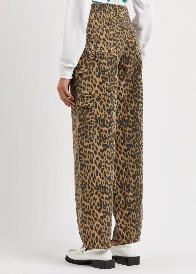 Denim Mid Waist Leopard Wide Leg Pants
