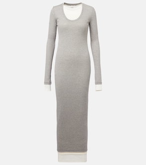 Grey long-sleeved knit dress with white cuffs