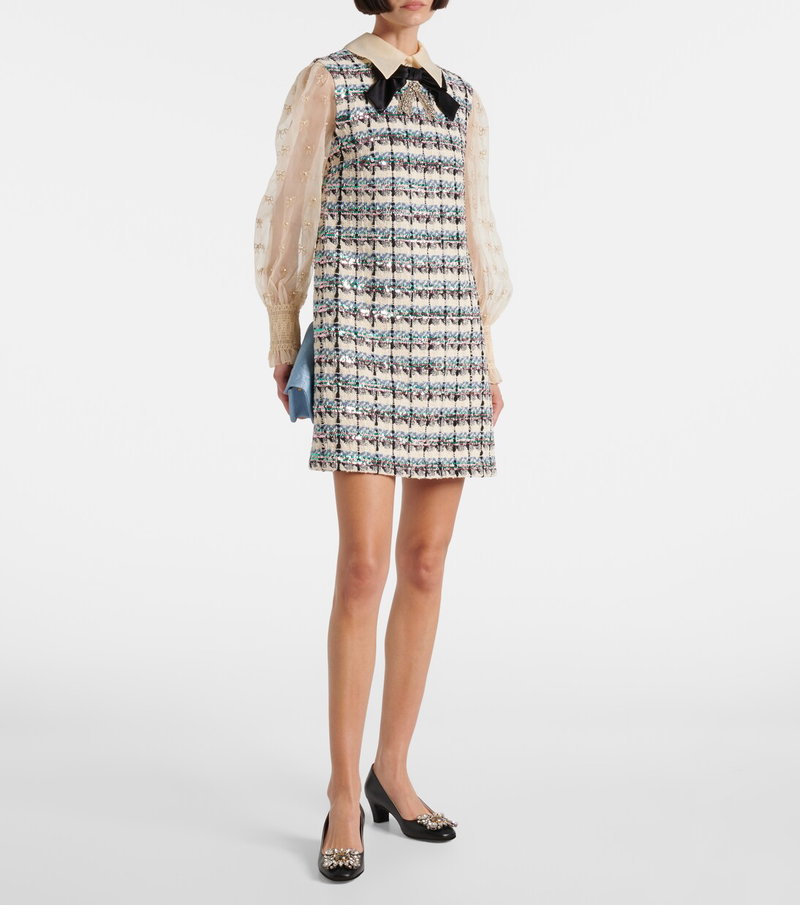 Valentino tweed mini dress with sheer sleeves and bow detail