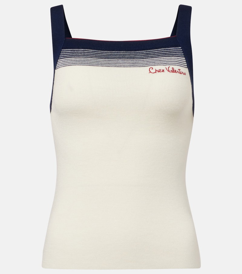 Cream and navy ribbed tank top with embroidered logo