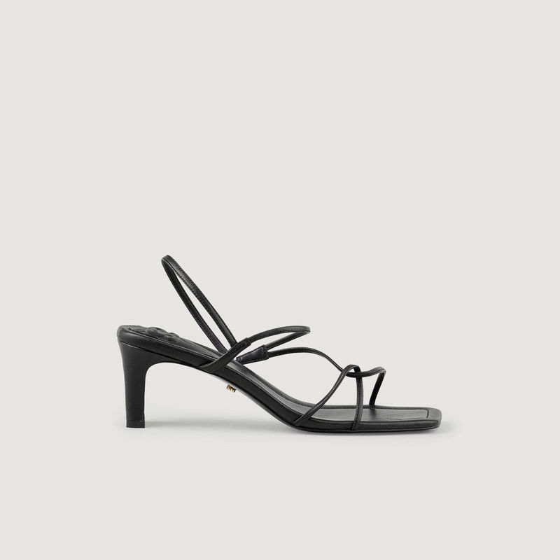 Black leather heeled sandal with thin straps.