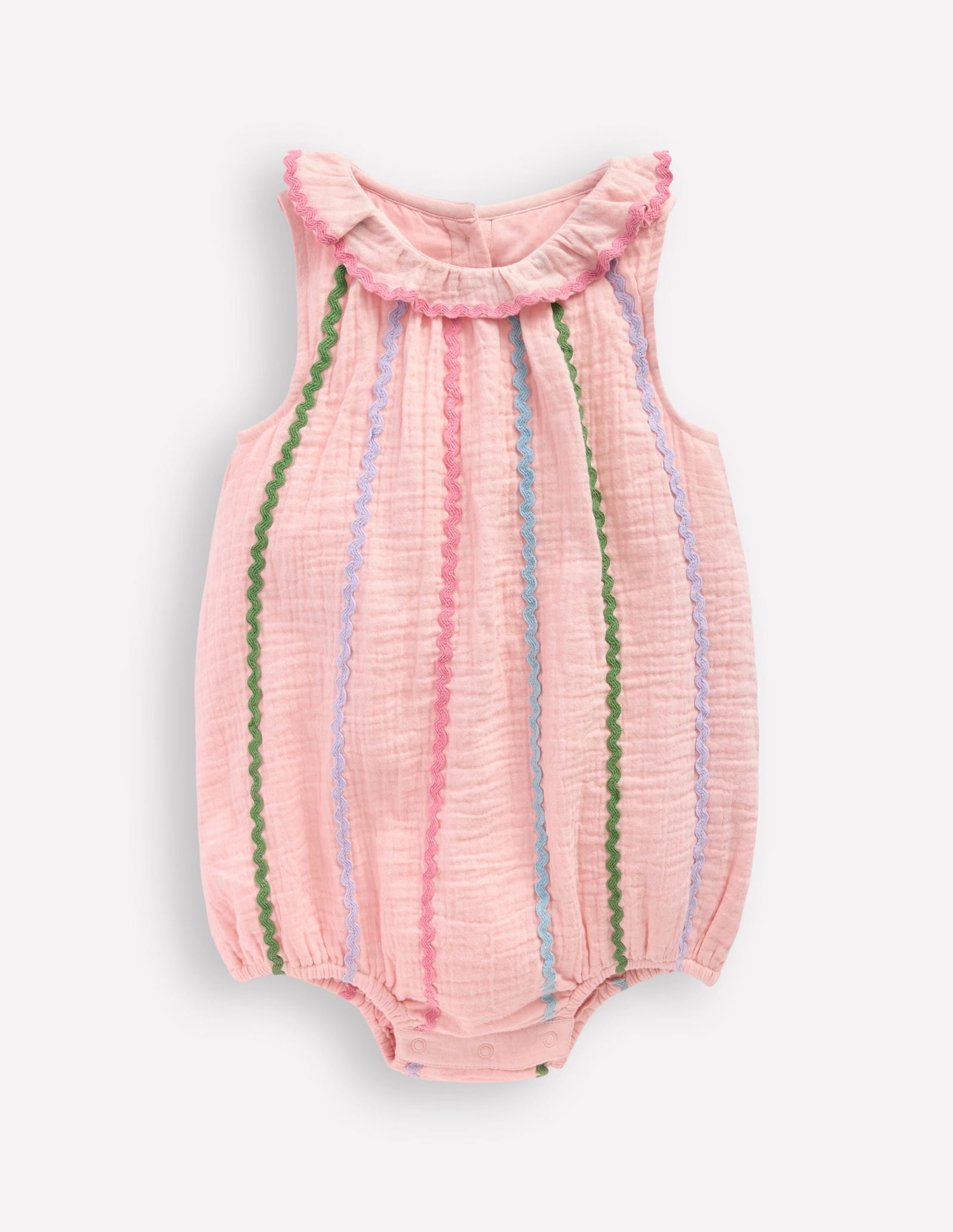 BODEN Double Cloth Bubble Romper-Chalk Pink Multi Ric Rac | endource