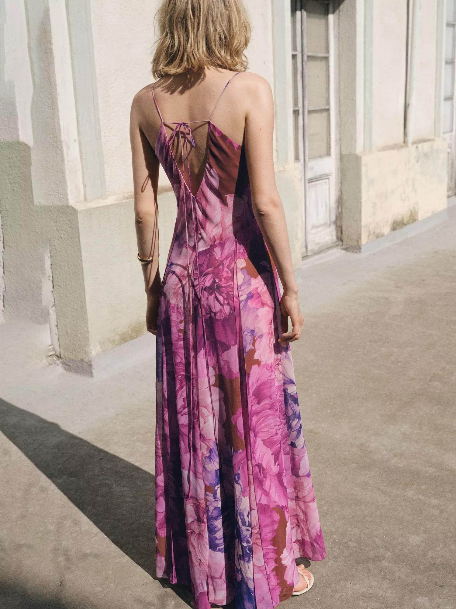 chinese dress ladies V-Neck Spaghetti Straps A-Line Side Split Floral Print Maxi Dress