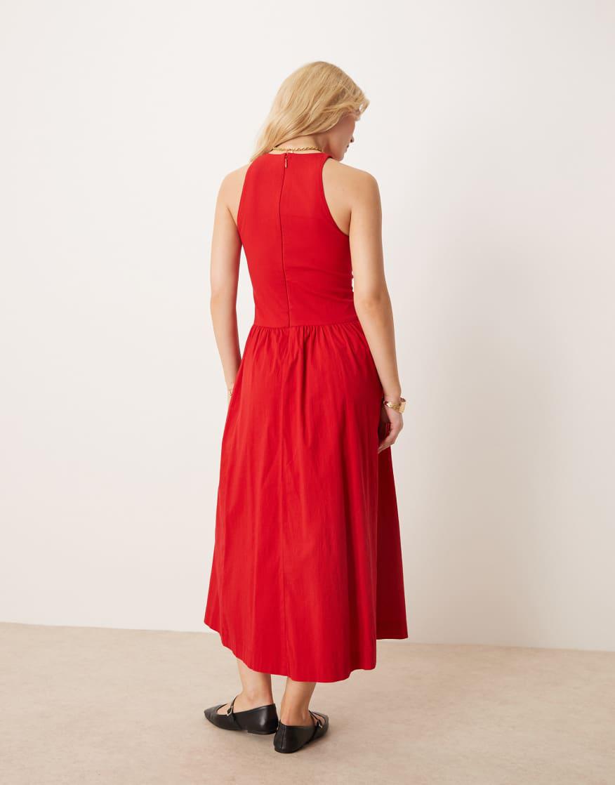 high neck drop waist midi dress ARRANGE high neck drop waist maxi dress with bubble hem in red