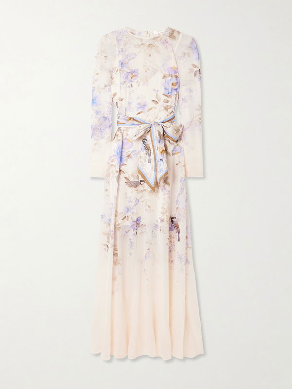 Zimmermann Luna Belted Printed Silk Satin-Trimmed Chiffon Maxi Dress