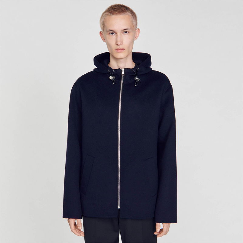Dark blue wool-blend hooded jacket with silver zipper and drawstring.