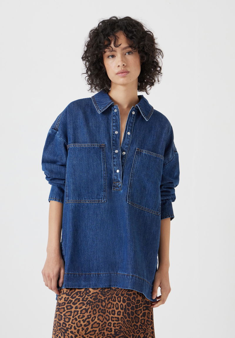 SOMTHRON Women's Denim Hoodie Pullover – Boyfriend Style, Half Button, Kangaroo Pocket, Oversized Comfort