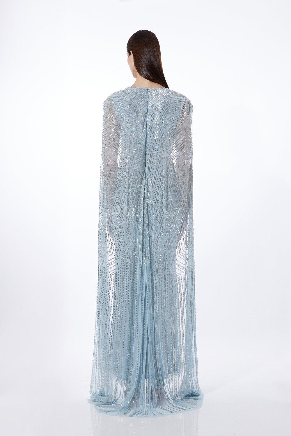 knee length dresses for ladies Karen Millen Metallic Petite Embellished Cape Detail Maxi Dress UK 10 main image 1