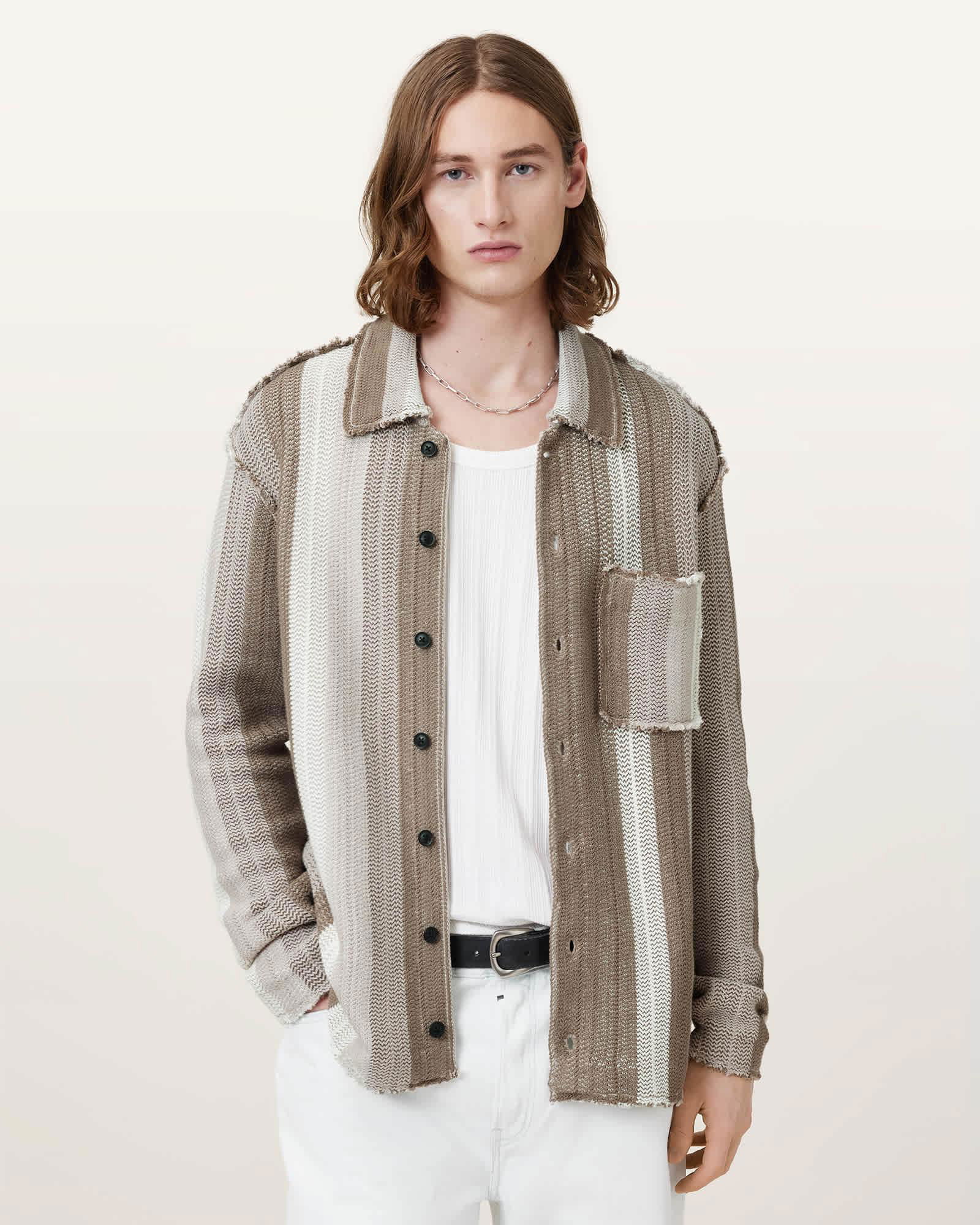 Image showcasing ALLSAINTS Truck Striped Cardigan in Plaster Taupe | endource