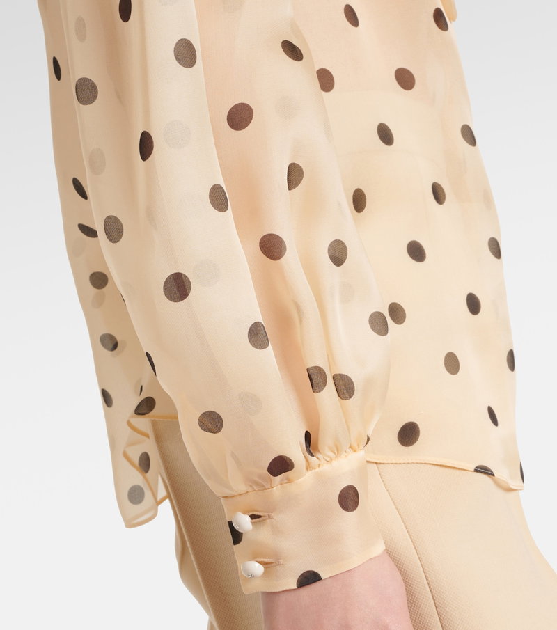 Pale yellow silk blouse with brown polka dots