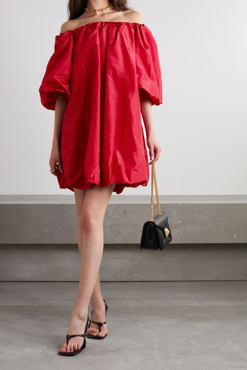 valentino off the shoulder mini dress VALENTINO GARAVANI Off-The-Shoulder Gathered Silk-Satin Mini Dress