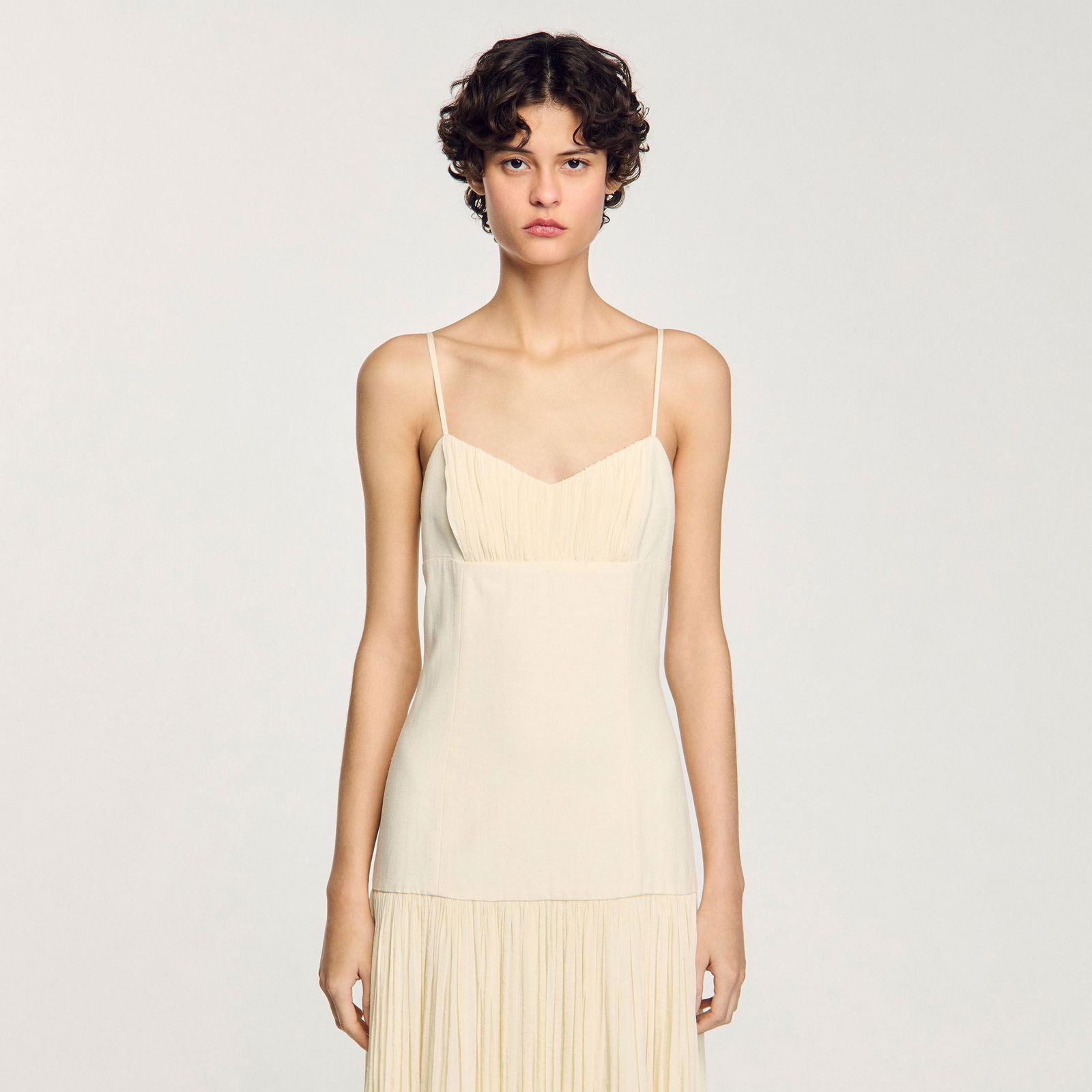 sandro long pleated dress SANDRO Long Pleated Dress With Short Sleeves