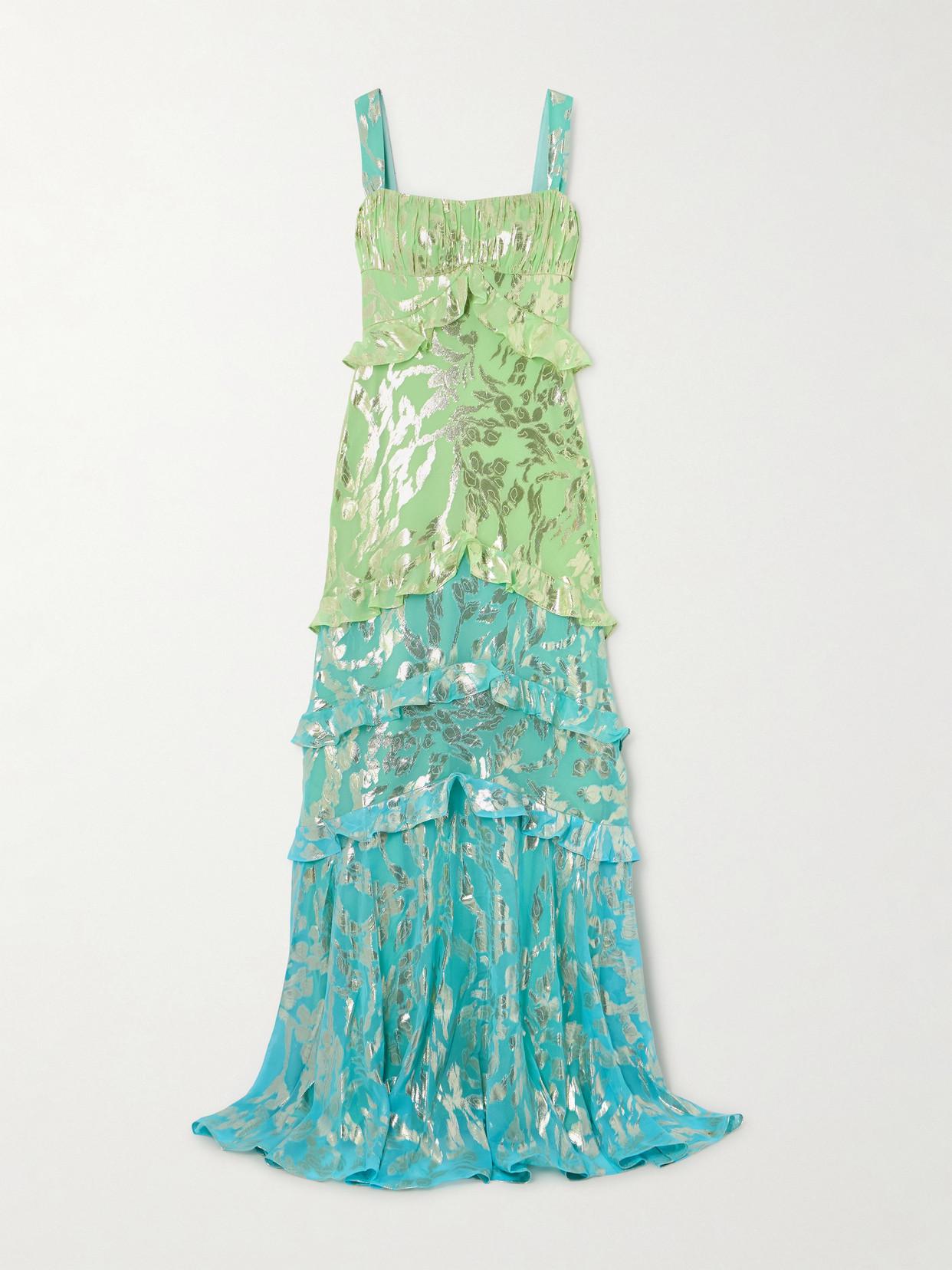 saloni chandra silk ruffled dress Saloni Chandra Silk Ruffled Dress In Python Flower Emerald - 40% Off