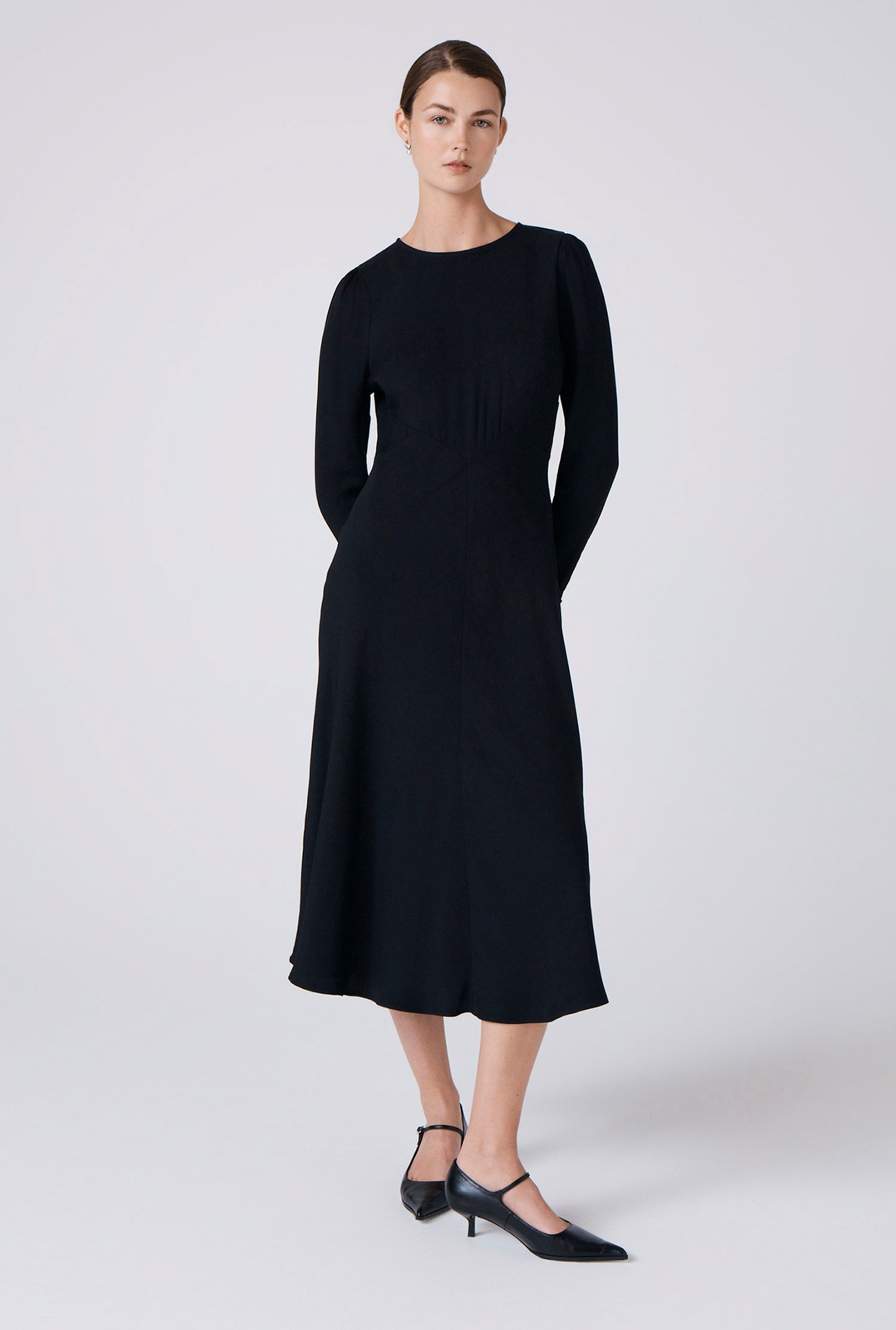 GHOST Kiara Crepe Round Neck Midi Dress | endource