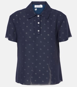Dark blue, sheer polo shirt with scattered white polka dots.
