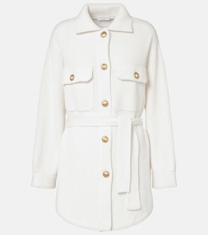 Cream-colored corduroy shirt jacket with gold buttons and a tie belt.