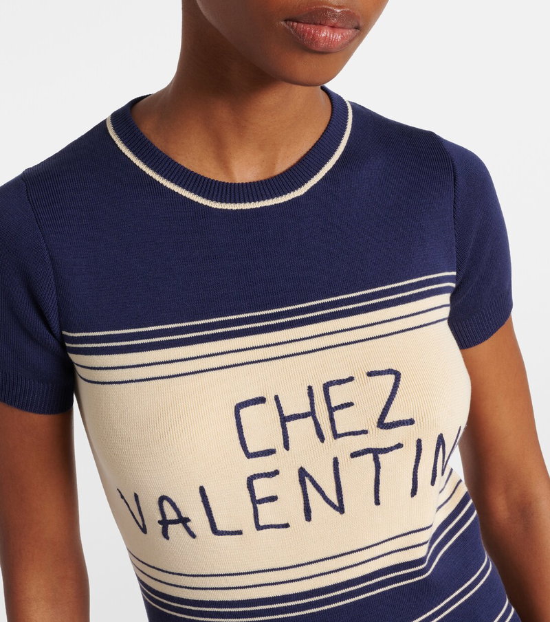 Navy and cream ribbed sweater with embroidered lettering