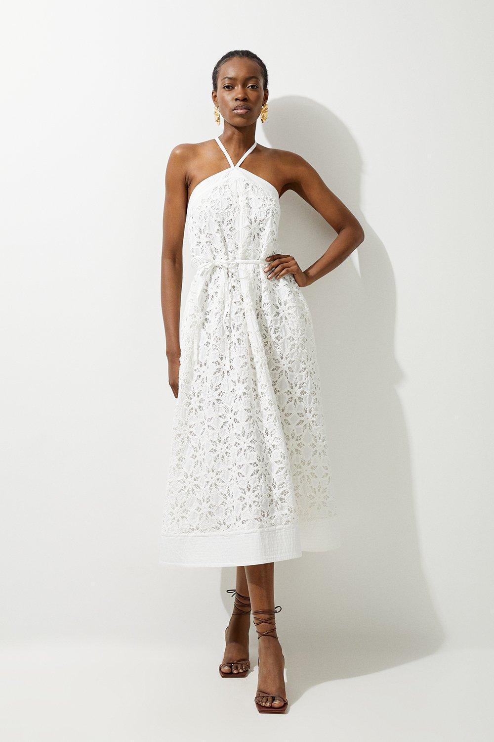 KAREN MILLEN Crafted Cotton Embroidery Halter Maxi Dress in White ...