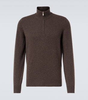 Brown cable-knit merino wool quarter-zip sweater