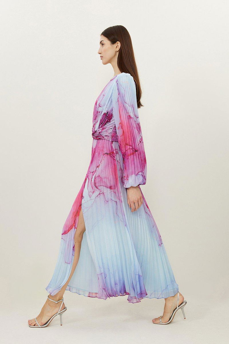 KAREN MILLEN Marble Printed Soft Pleated Woven Maxi Dress | endource