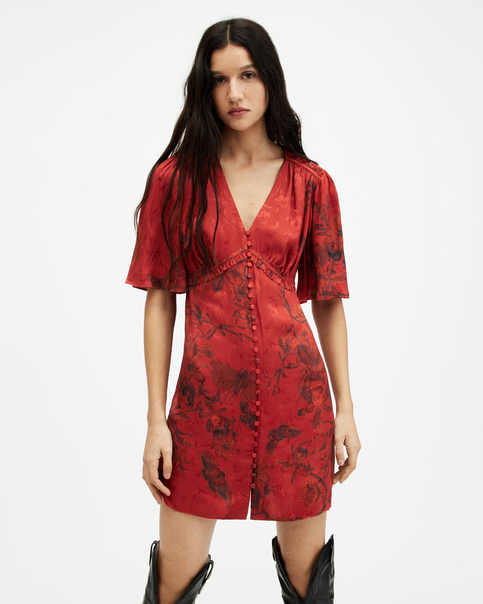 all saints red floral dress Mya Floral Print Shirred Midi Dress ARMADA RED