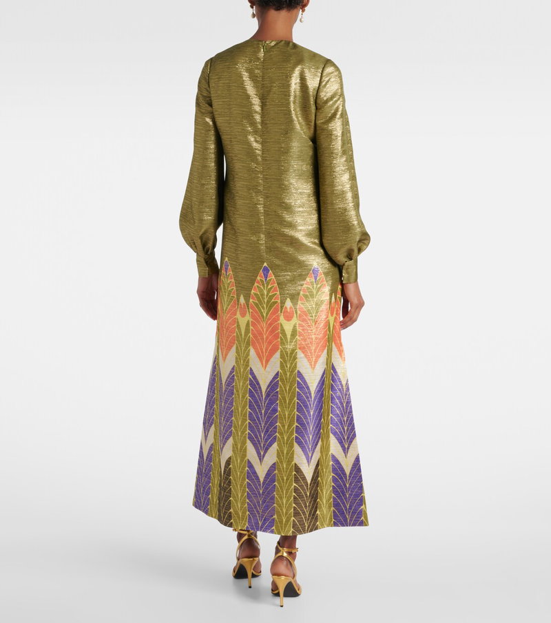 Valentino emerald green brocade gown with patterned sleeves and skirt.