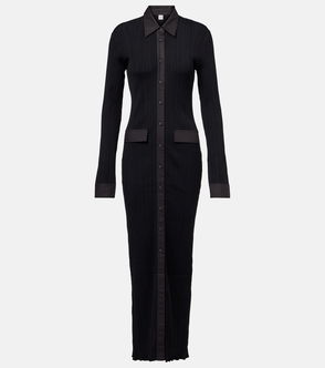Black ribbed knit dress with buttoned front and panel detail.