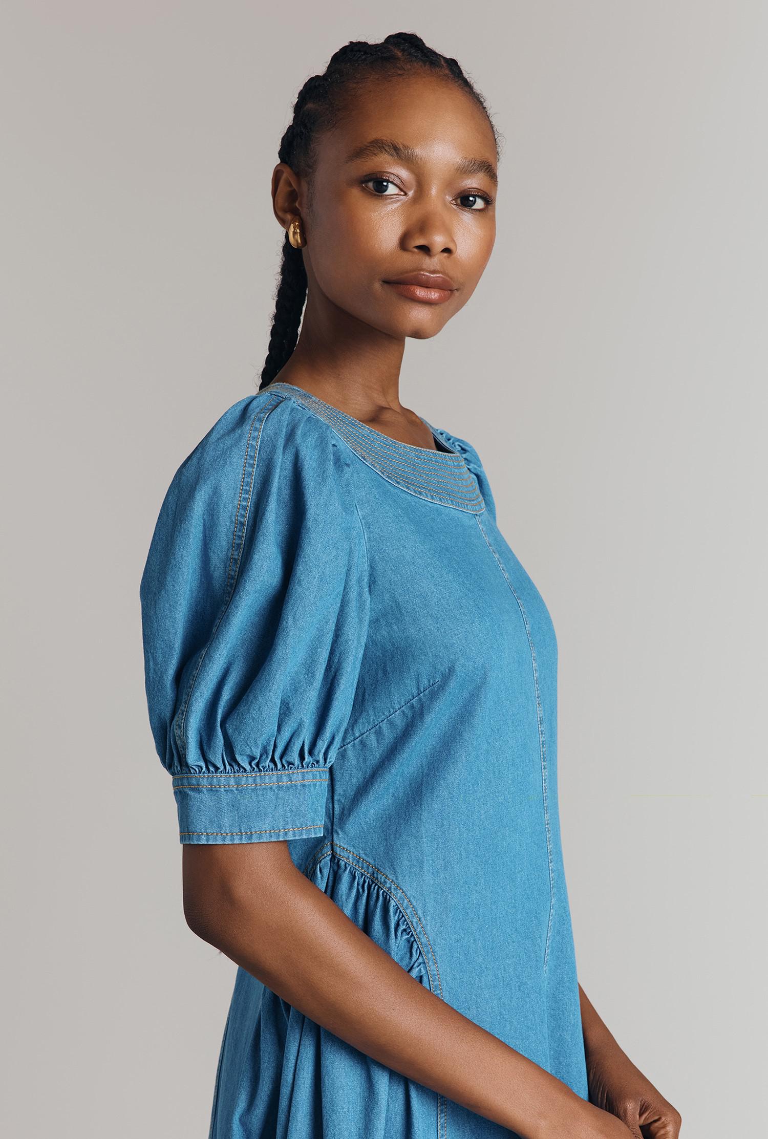 puff sleeve seamed denim dress 60% off GHOST Agnes Midi blue dress t shirt Girl size:2T size_new_8 Nuuly Shirring at drop waist