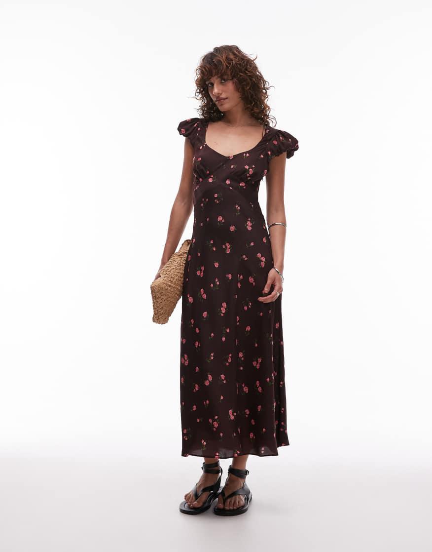 mango brown floral dress 20% off Scoop Neck Midi Color:BURNT ORANGE