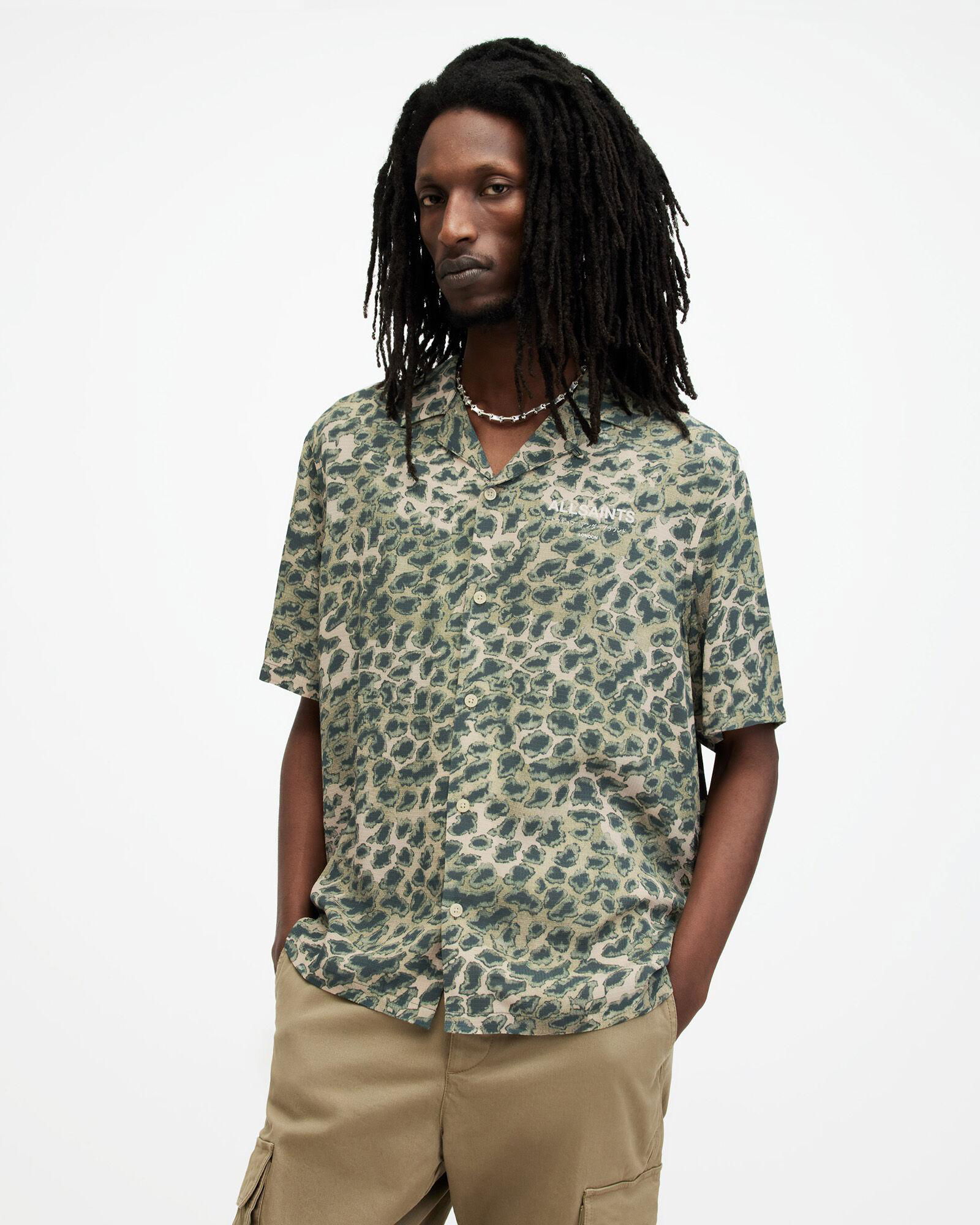 ALLSAINTS Underground Camouflage Print Logo Shirt in Ash Khaki Green ...