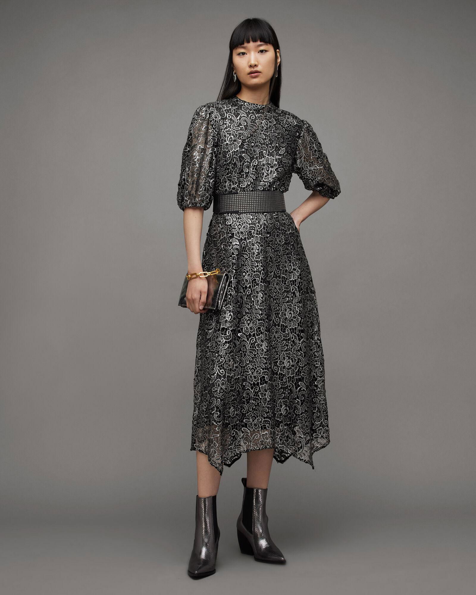ALLSAINTS Camila Broderie Asymmetric Hem Dress