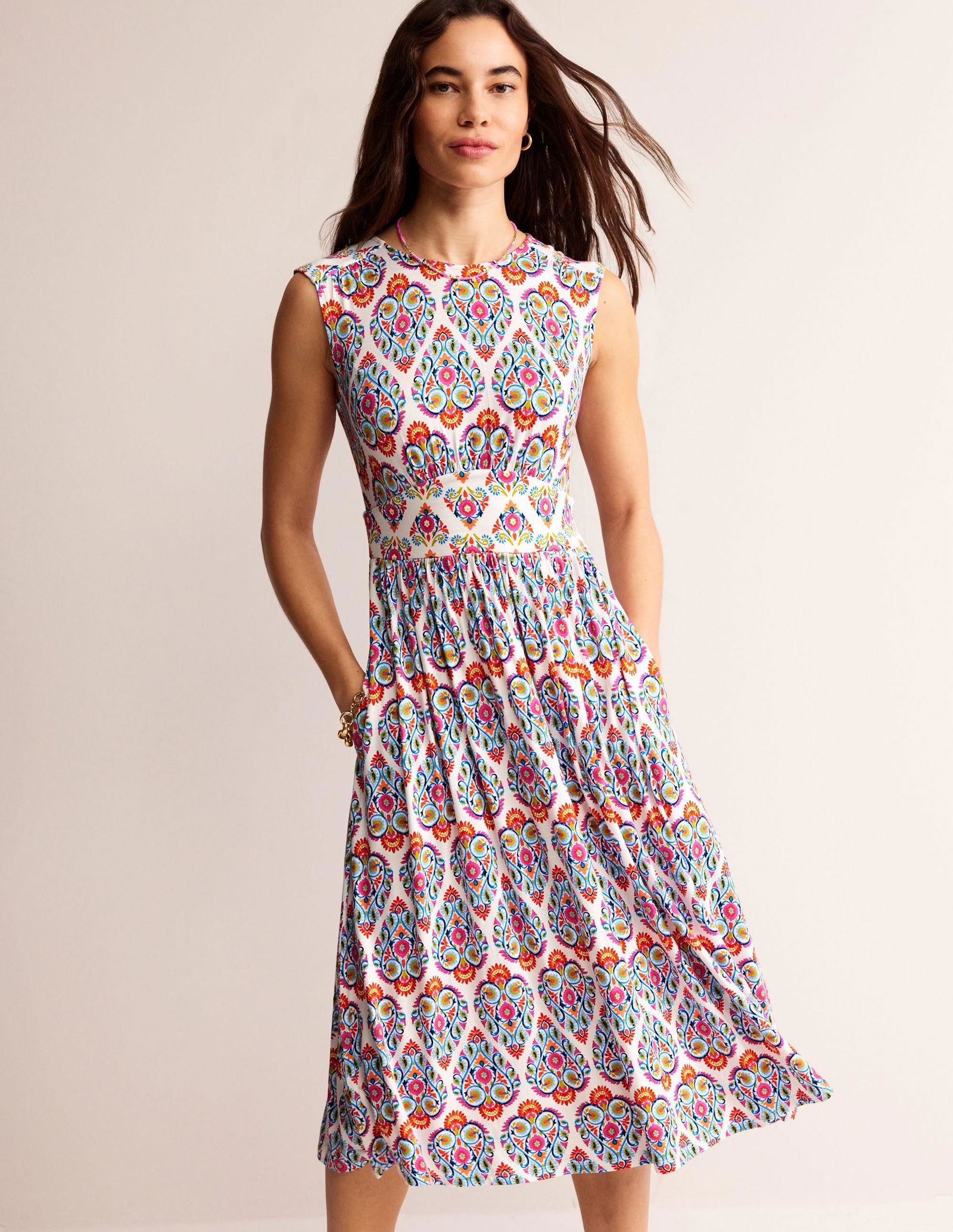 boden thea midi dress BODEN Thea Sleeveless Midi Dress-Green Tambourine, Daisies