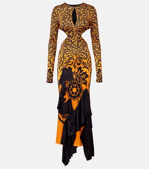 Orange and black maxi dress with floral print and ruffles