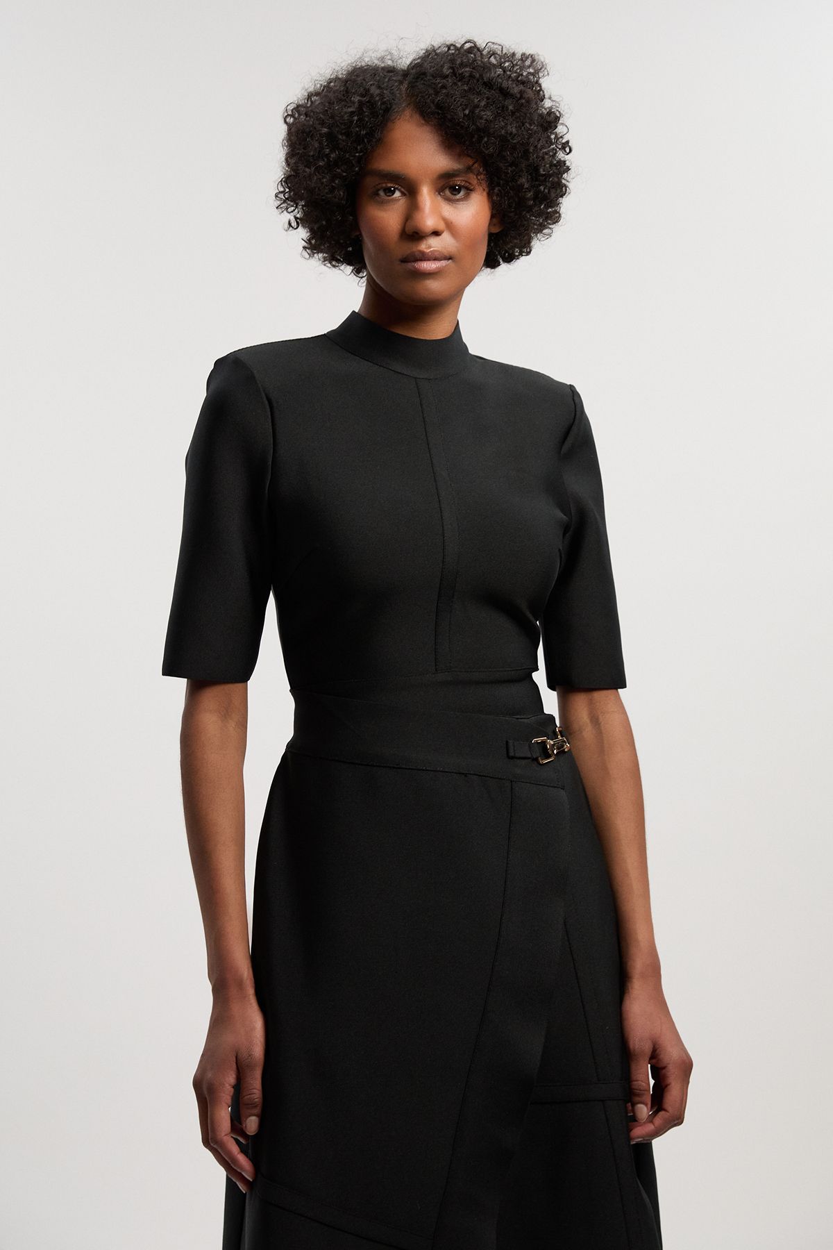 figure form bandage asymmetric strap knit midi dress KAREN MILLEN Shoulder Size:sm cocktail dress with sequins Vintage Women's Bandage Dress tone hardware buckle detail