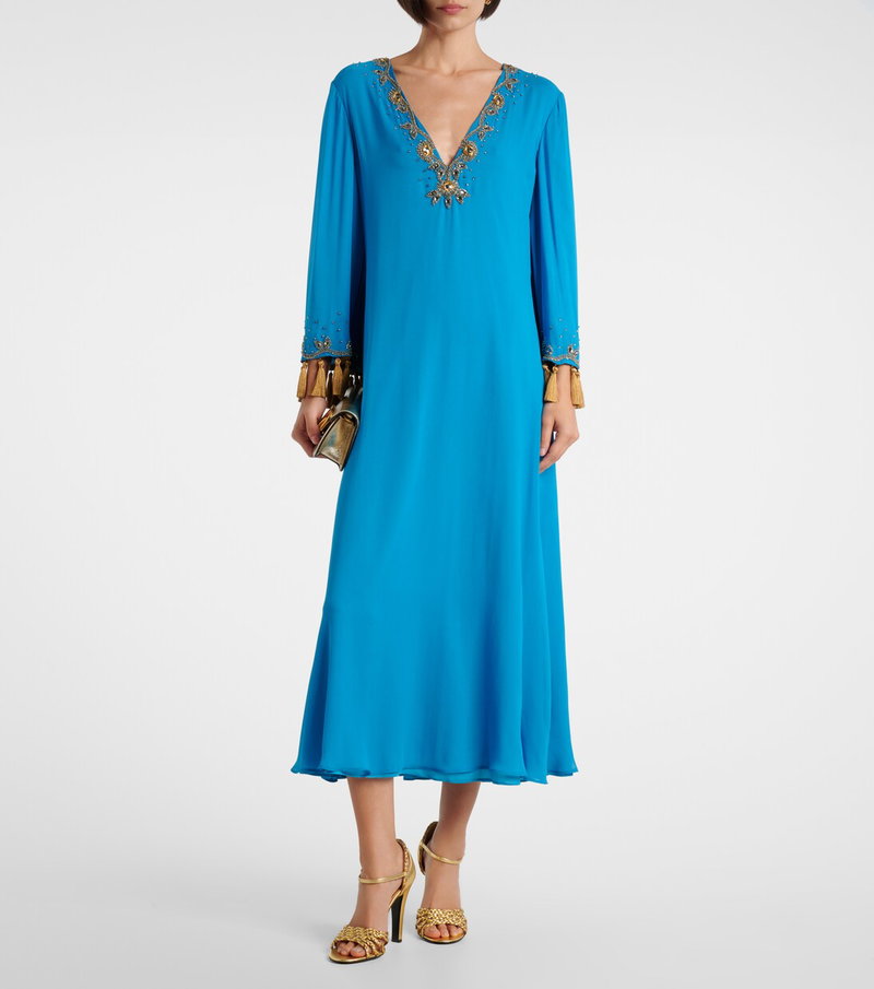 Valentino blue silk dress with gold embroidery and tassels